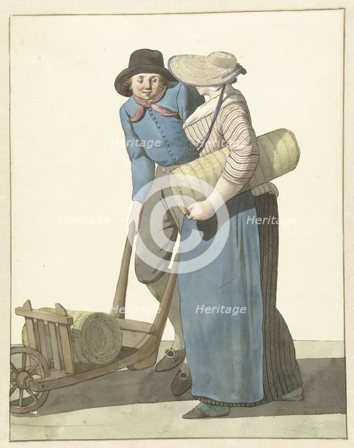 Woman next to a man with a wheelbarrow, 1700-1800. Creator: W. Barthautz.