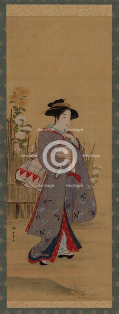 Woman near a fenced-off flowering garden, late 18th century. Creator: Shunsho.