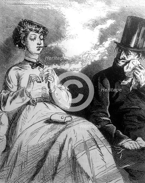 Woman smoking a menthol cigarette, 1860. Artist: Unknown