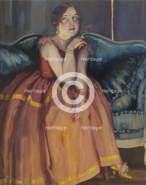 Woman smoking a cigarette on a sofa. Artist: Somov, Konstantin Andreyevich (1869-1939)