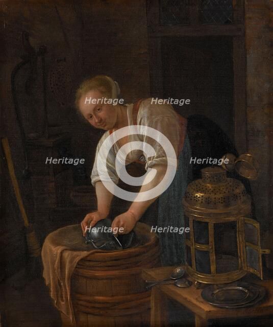 Woman scouring metalware, 1650-1660. Creator: Jan Steen.
