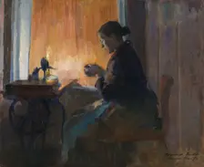 Woman Sewing by Lamplight, 1890. Creator: Harriet Backer