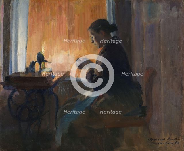 Woman Sewing by Lamplight, 1890. Creator: Harriet Backer.