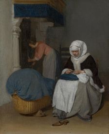Woman Sewing beside a Cradle. Creator: Gerard Terborch II