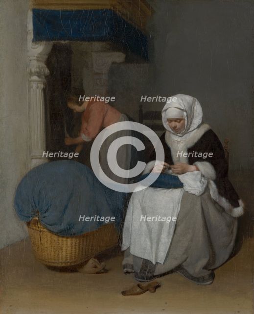 Woman Sewing beside a Cradle. Creator: Gerard Terborch II.