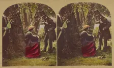 Woman seated at easel painting, two men in top hats watching, about 1865. Creator: London Stereoscopic & Photographic Co