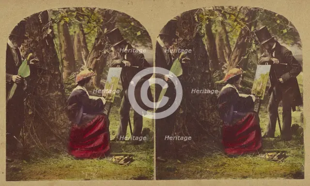 Woman seated at easel painting, two men in top hats watching, about 1865. Creator: London Stereoscopic & Photographic Co.