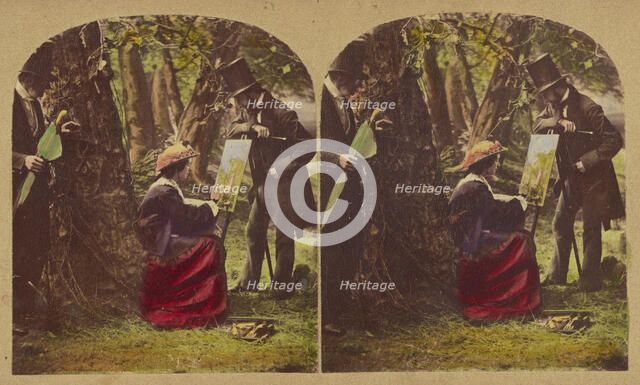 Woman seated at easel painting, two men in top hats watching, about 1865. Creator: London Stereoscopic & Photographic Co.