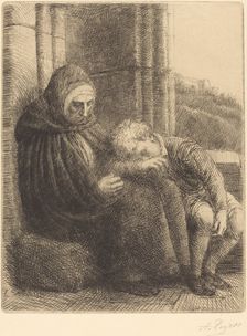 Woman Seated against a Wall, Child with His Head in Her Lap (Femme assise, muraille...). Creator: Alphonse Legros