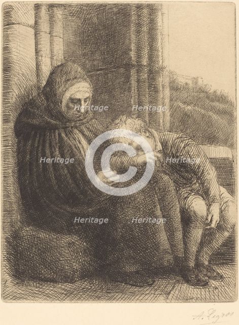 Woman Seated against a Wall, Child with His Head in Her Lap (Femme assise, muraille...). Creator: Alphonse Legros.
