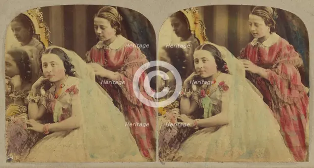 Woman seated being attended by another, about 1865. Creator: London Stereoscopic & Photographic Co.