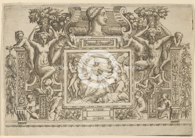 Woman seated with arms outstretched, personification of Fame with trumpet at right,..., ca. 1540-80. Creator: Battista del Moro.