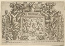 Woman seated with arms outstretched, personification of Fame with trumpet at right,..., ca. 1540-80. Creator: Battista del Moro