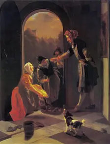 Woman selling fish at the door of a house, 1669. Creator: Jacob Ochtervelt