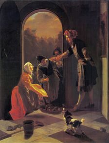 Woman selling fish at the door of a house, 1669. Creator: Jacob Ochtervelt