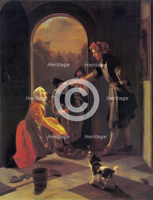 Woman selling fish at the door of a house, 1669. Creator: Jacob Ochtervelt.