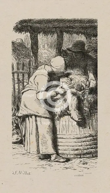 Woman Shearing Sheep, 1853, after drawing made in 1852. Creator: Jacques-Adrien Lavieille.