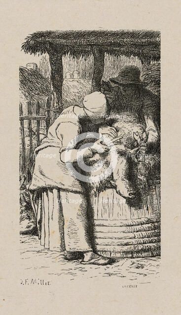 Woman Shearing Sheep, 1853, after drawing made in 1852. Creator: Jacques-Adrien Lavieille.