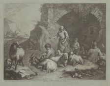 Woman, Shepherd Boys, and Sheep near an Arch, 1759/1782. Creator: Francesco Londonio