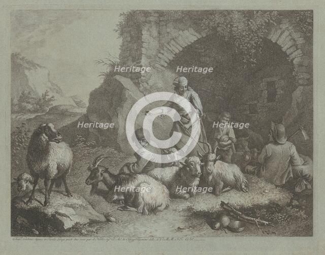 Woman, Shepherd Boys, and Sheep near an Arch, 1759/1782. Creator: Francesco Londonio.