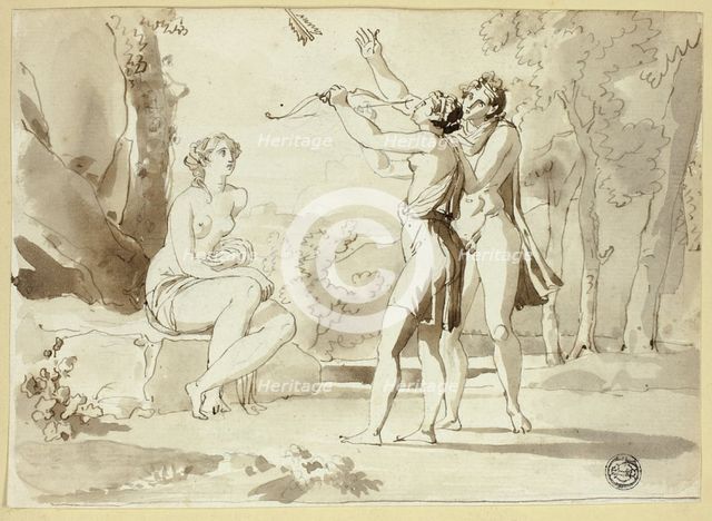 Woman Shooting an Arrow, with Two Companions, 1584/94. Creator: Juan Cristobal.