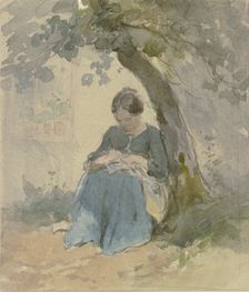 Woman sitting under a tree sewing, c1840-1890s. Creator: Philipp Rumpf