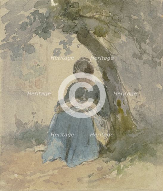 Woman sitting under a tree sewing, c1840-1890s. Creator: Philipp Rumpf.