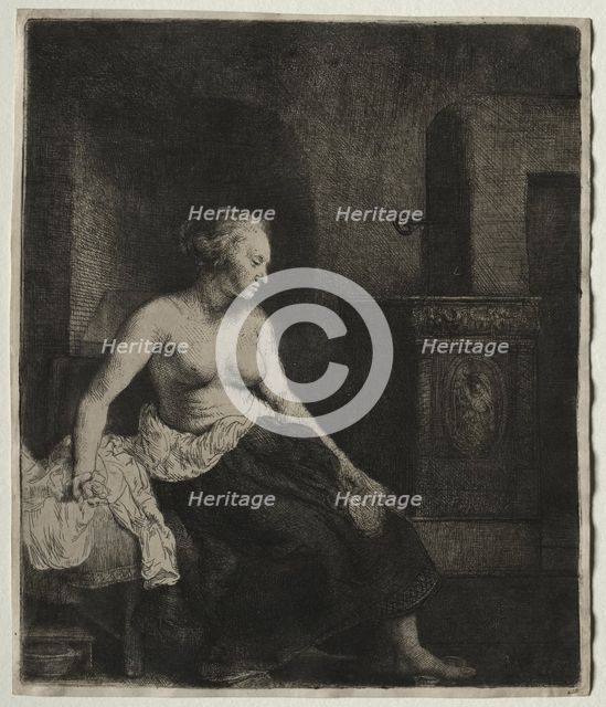 Woman Sitting Half Dressed Beside a Stove, 1658. Creator: Rembrandt van Rijn (Dutch, 1606-1669).