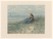 Woman sitting on the dunes watching the sea, 1834-1892. Creator: Jozef Israels