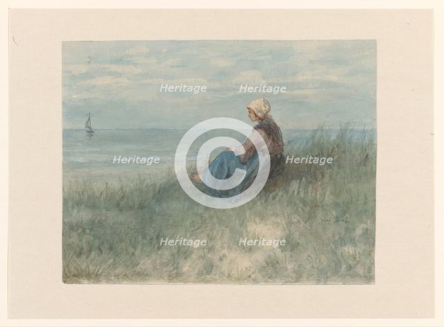 Woman sitting on the dunes watching the sea, 1834-1892. Creator: Jozef Israels.