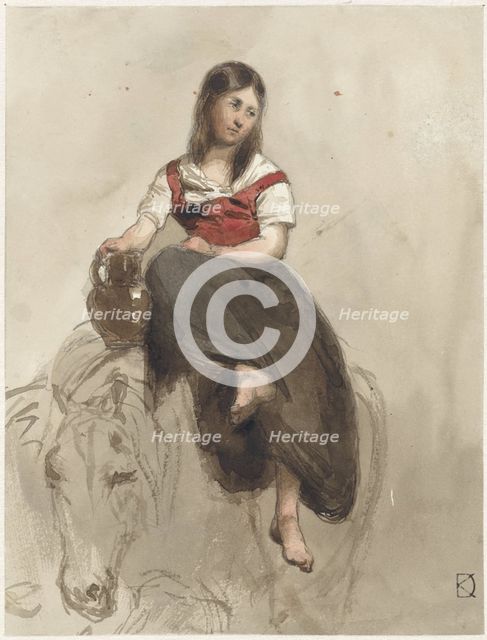 Woman sitting on a horse with jug, 1841-1857. Creator: Johan Daniel Koelman.