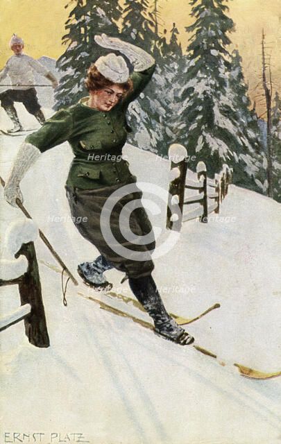 Woman skiing, late 19th or early 20th century.Artist: Ernst Platz