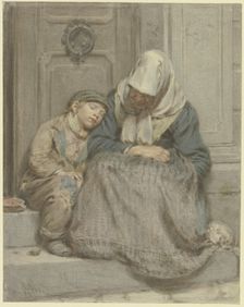 Woman sleeping with a boy in front of a door, 1853. Creator: Angilbert Gobel