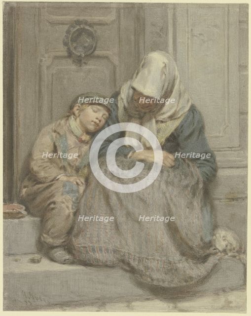 Woman sleeping with a boy in front of a door, 1853. Creator: Angilbert Gobel.