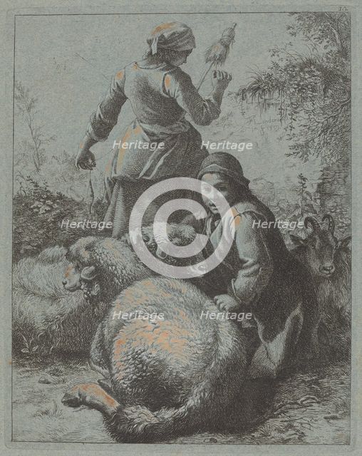 Woman Spinner and a Shepherd with Flock, 1758/1759. Creator: Francesco Londonio.