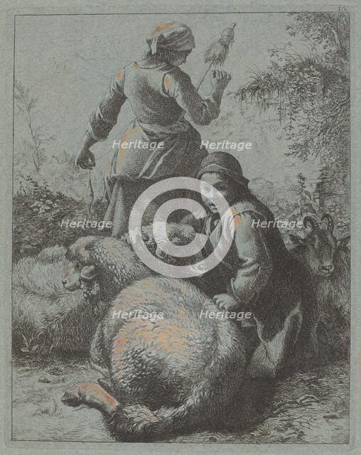 Woman Spinner and a Shepherd with Flock, 1758/1759. Creator: Francesco Londonio.