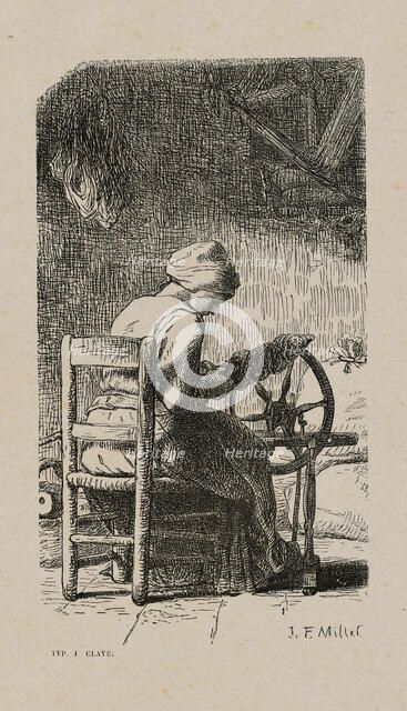 Woman Spinning, 1853, after drawing made in 1852. Creator: Jacques-Adrien Lavieille.