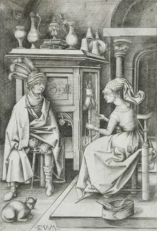 Woman Spinning and Visitor, between circa 1495 and circa 1503. Creator: Israhel van Meckenem