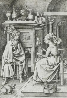 Woman Spinning and Visitor, between circa 1495 and circa 1503. Creator: Israhel van Meckenem