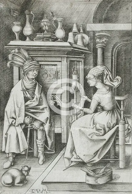 Woman Spinning and Visitor, between circa 1495 and circa 1503. Creator: Israhel van Meckenem.