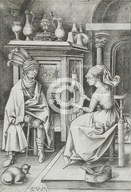 Woman Spinning and Visitor, between circa 1495 and circa 1503. Creator: Israhel van Meckenem.