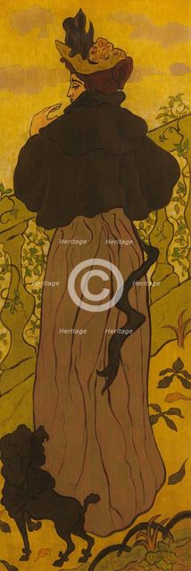 Woman Standing Beside a Balustrade with a Poodle, ca. 1895. Creator: Paul Ranson.