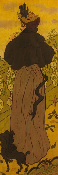 Woman Standing Beside a Balustrade with a Poodle, ca. 1895. Creator: Paul Ranson