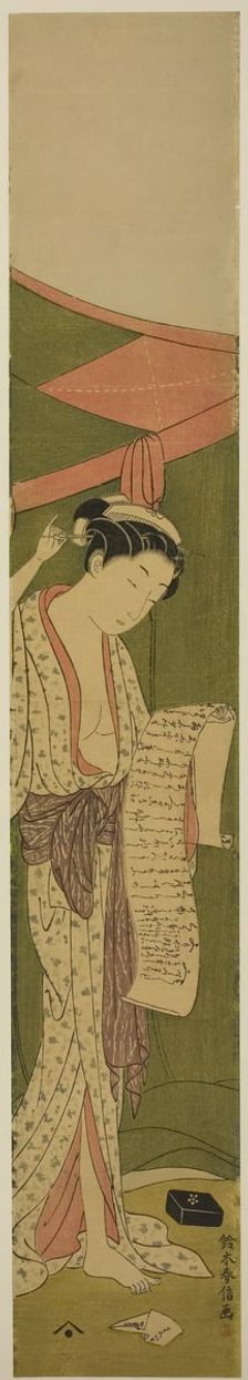 Woman Standing beside a Mosquito Net Reading a Letter, c. 1768/69. Creator: Suzuki Harunobu