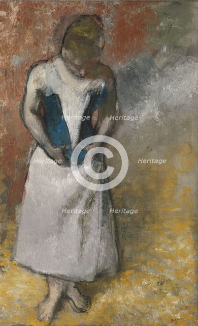Woman standing from the front, clasping her corset, ca. 1883. Artist: Degas, Edgar (1834-1917)