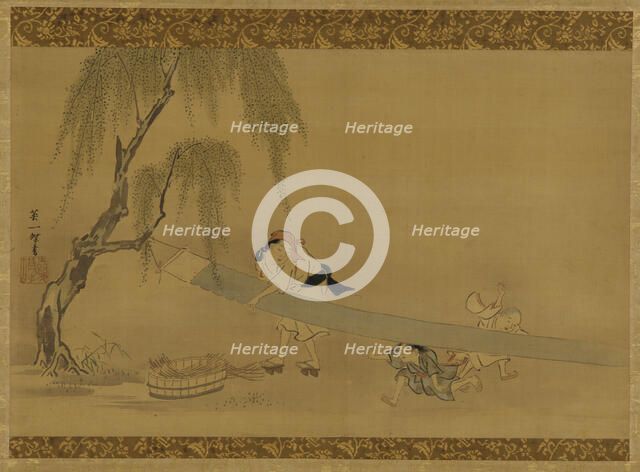 Woman stretching cloth to dry; two children at play, Edo period, late 17th-early 18th century. Creator: Hanabusa Itcho.