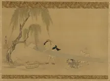 Woman stretching cloth to dry; two children at play, Edo period, late 17th-early 18th century. Creator: Hanabusa Itcho