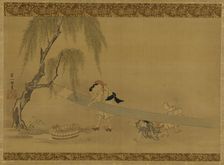 Woman stretching cloth to dry; two children at play, Edo period, late 17th-early 18th century. Creator: Hanabusa Itcho