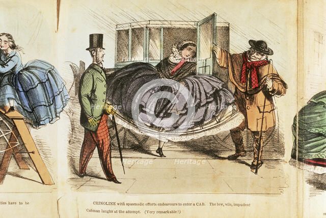 Woman struggling to enter a cab, c1860. Artist: Unknown