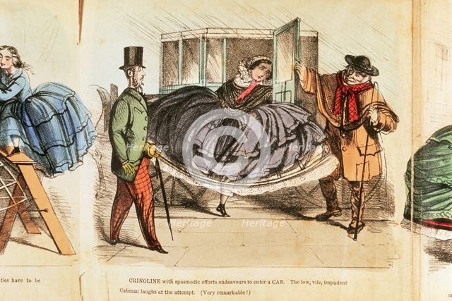 Woman struggling to enter a cab, c1860. Creator: Unknown.